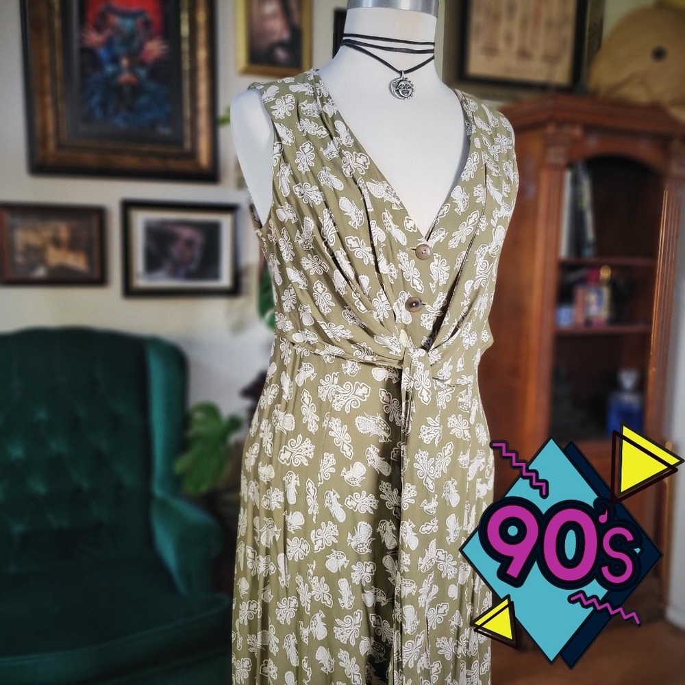 Electre Paris Dress Vintage 90s Olive Green Paisley Maxi Made in France Medium